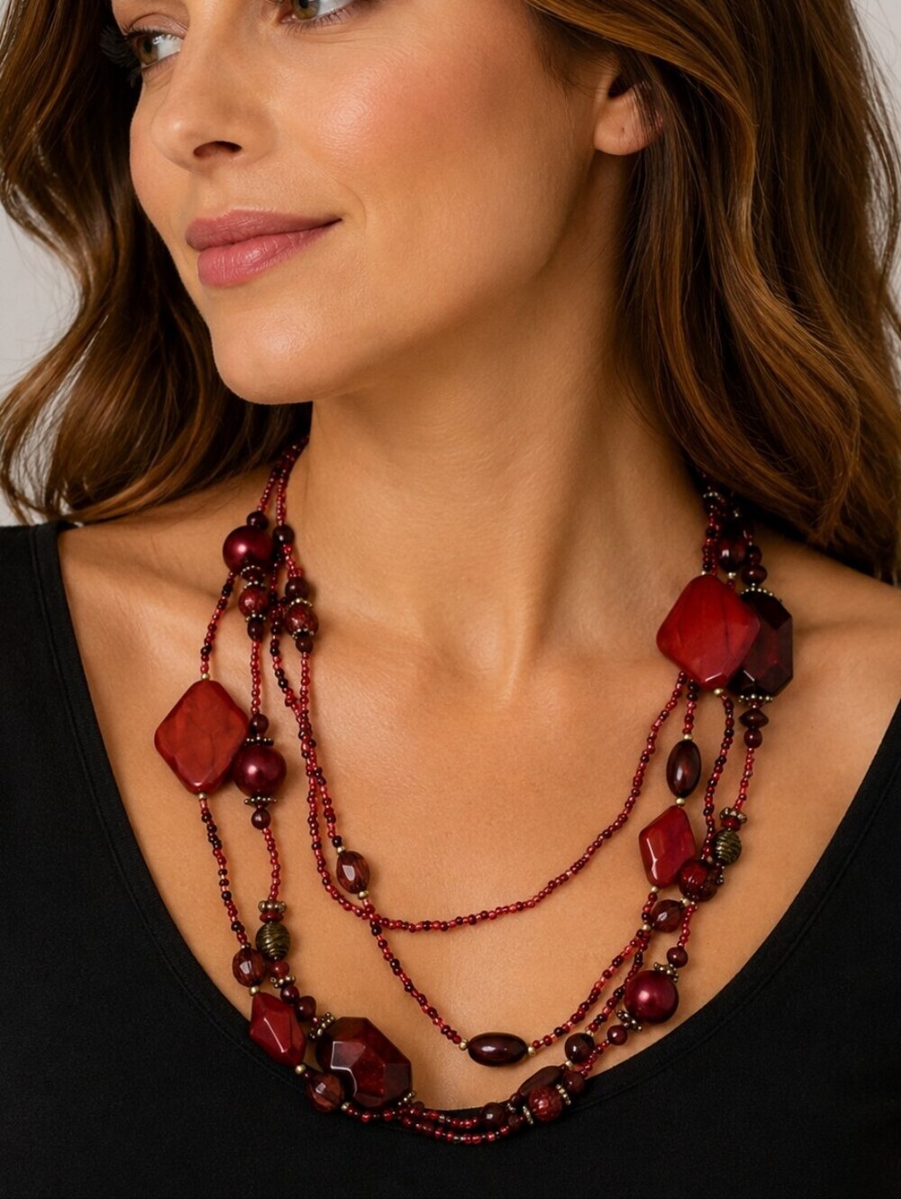 Handmade Set of Two Long Red Acrylic Glass Beaded Necklaces